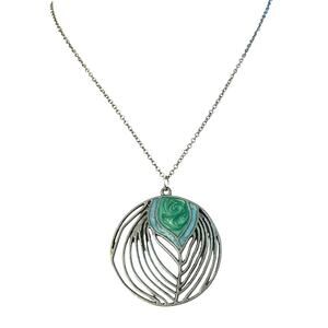 Open Work Silver Tone Abstract Round Blue Green Enamel Swirl Pendant Necklace
